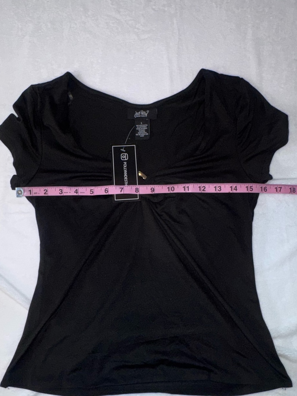 Just Polly Black Ruched Ring Front Stretch Top NWT Large - Picture 7 of 10